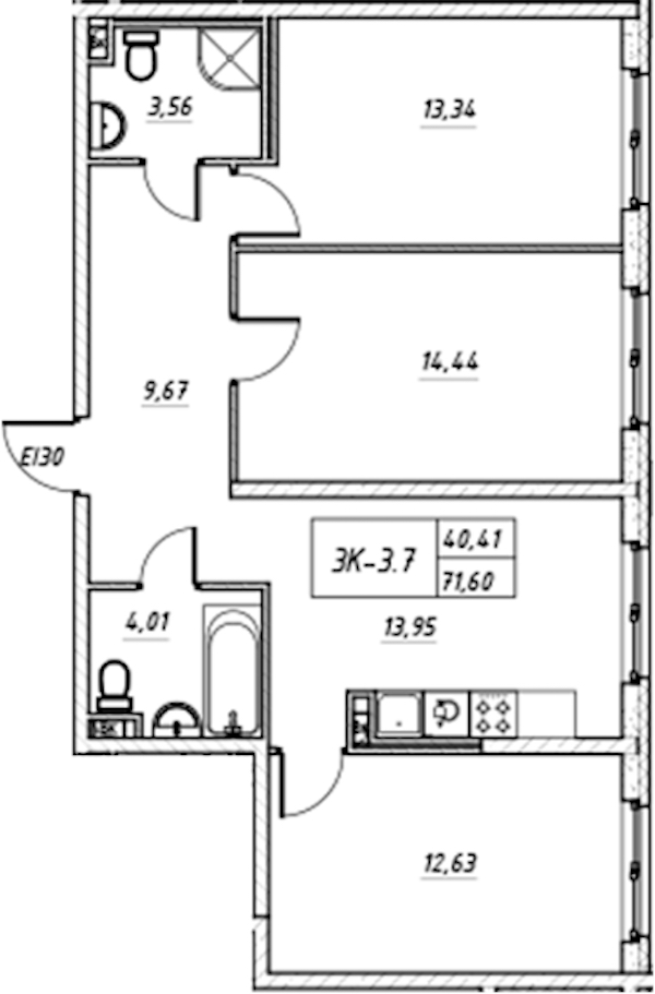 3-комнатная квартира 71.6 м², 17/17 эт., Комплекс апартаментов «Zoom на Неве»